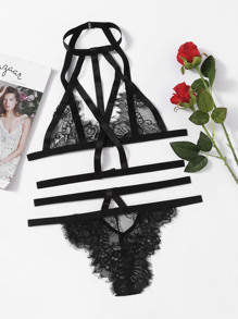 Strappy Eyelash Lace Lingerie Set