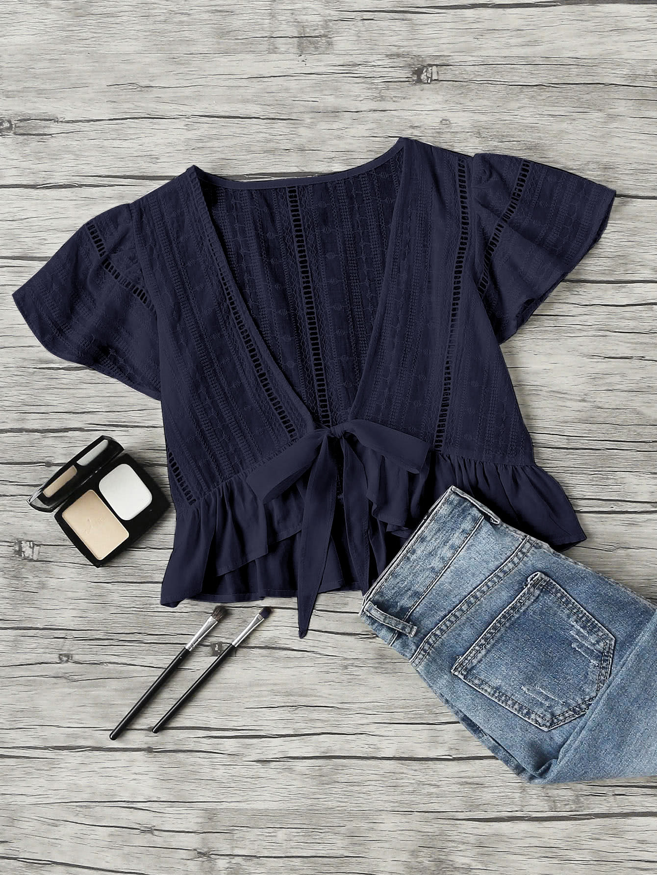 Plunging V-neckline Knot Frill Hem Dip Top