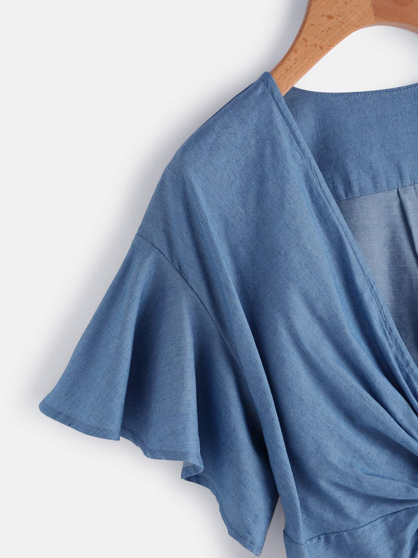 Twist Knot Front Flutter Sleeve Denim Crop Top SheIn(Sheinside)