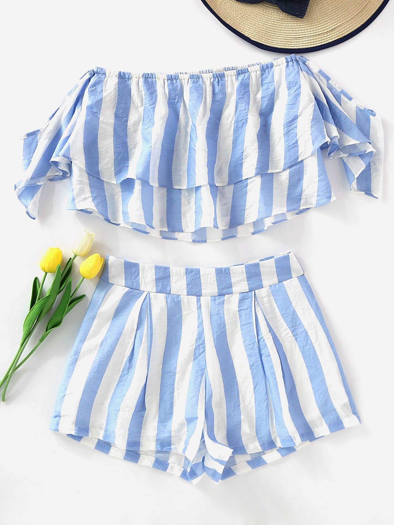 Off Shoulder Striped Layered Crop Top With Shorts