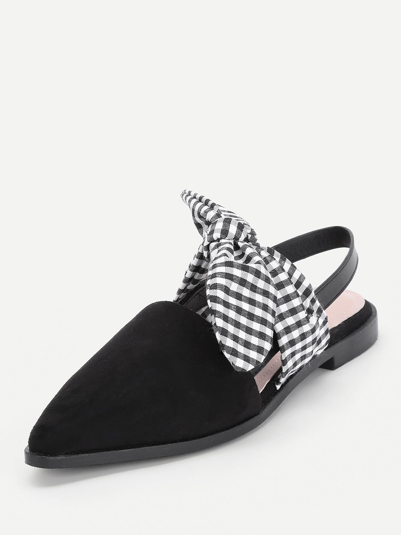Gingham Bow Tie Decorated Pointed Toe Flats SheIn(Sheinside)
