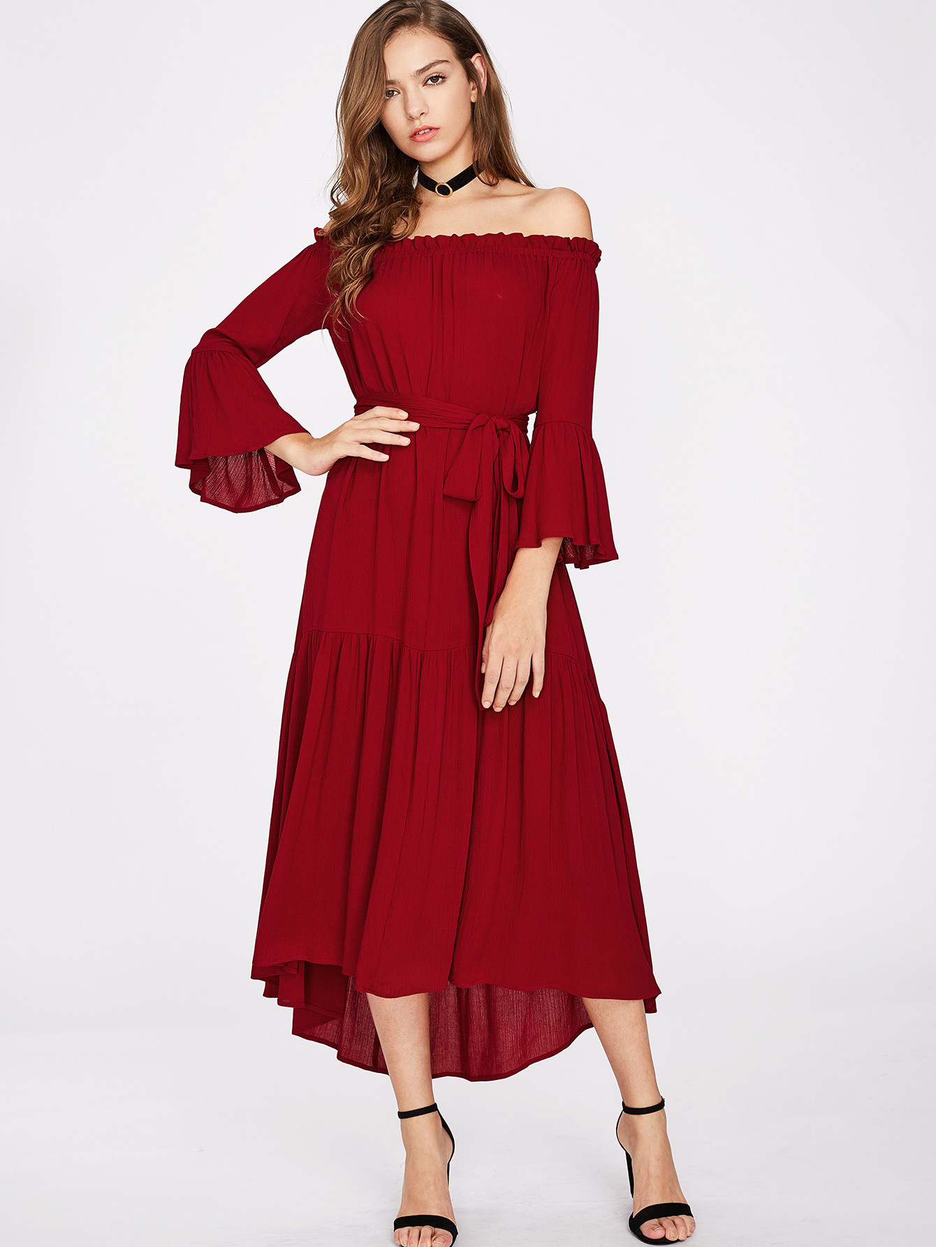 Self Tie Fluted Sleeve Tiered Bardot Dress shirred bardot tiered sleeve striped dress