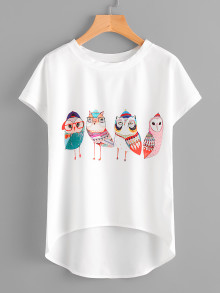 Cartoon Owl Print Dip Hem Chiffon Top