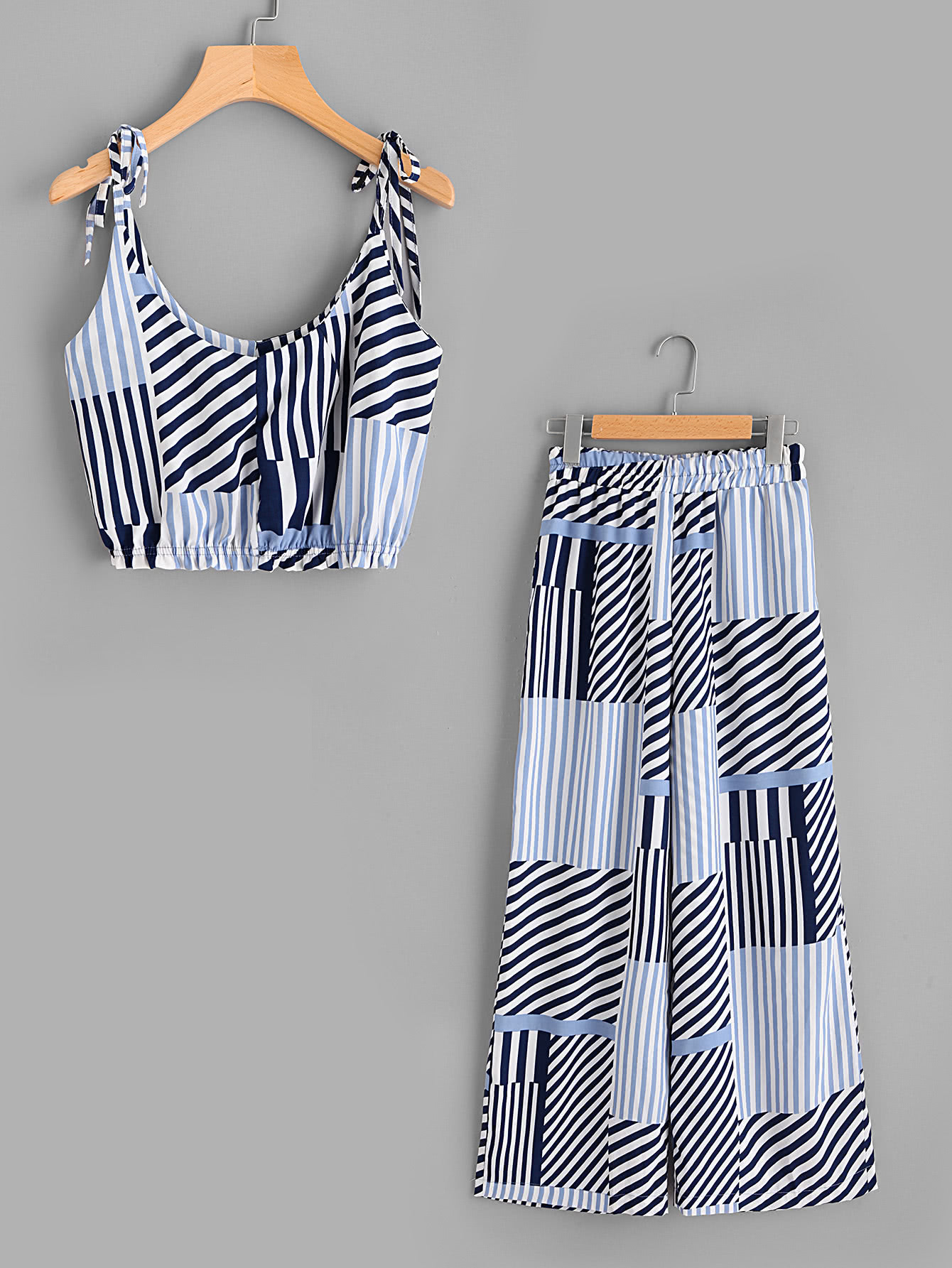 Random Striped Tie-Strap Crop Top With Wide Leg Pants
