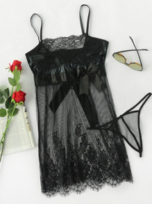 Eyelash Lace Sheer Cami Dress With Thong