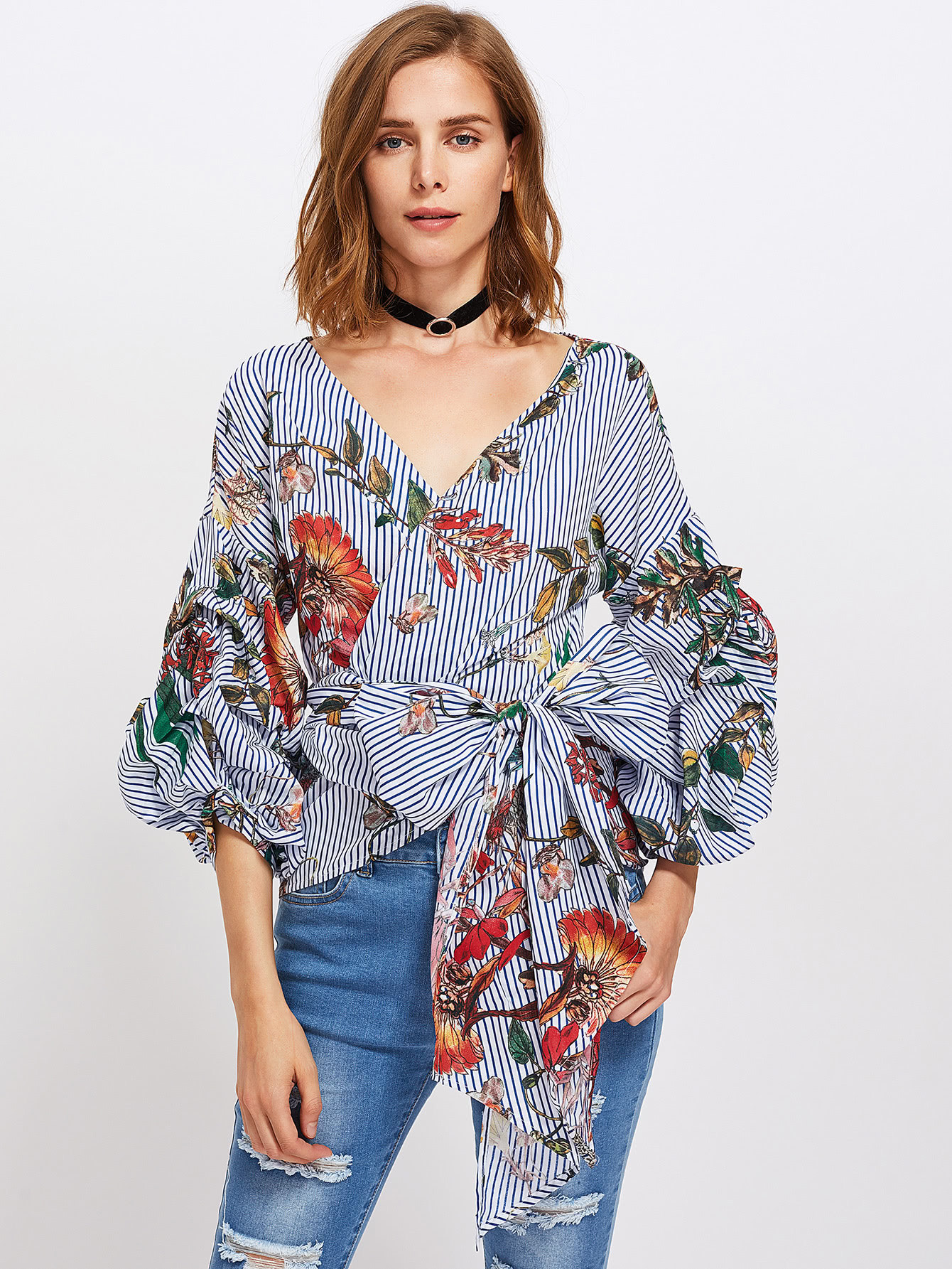 Gathered Sleeve Mixed Print Surplice Wrap Top gathered sleeve surplice wrap crop top
