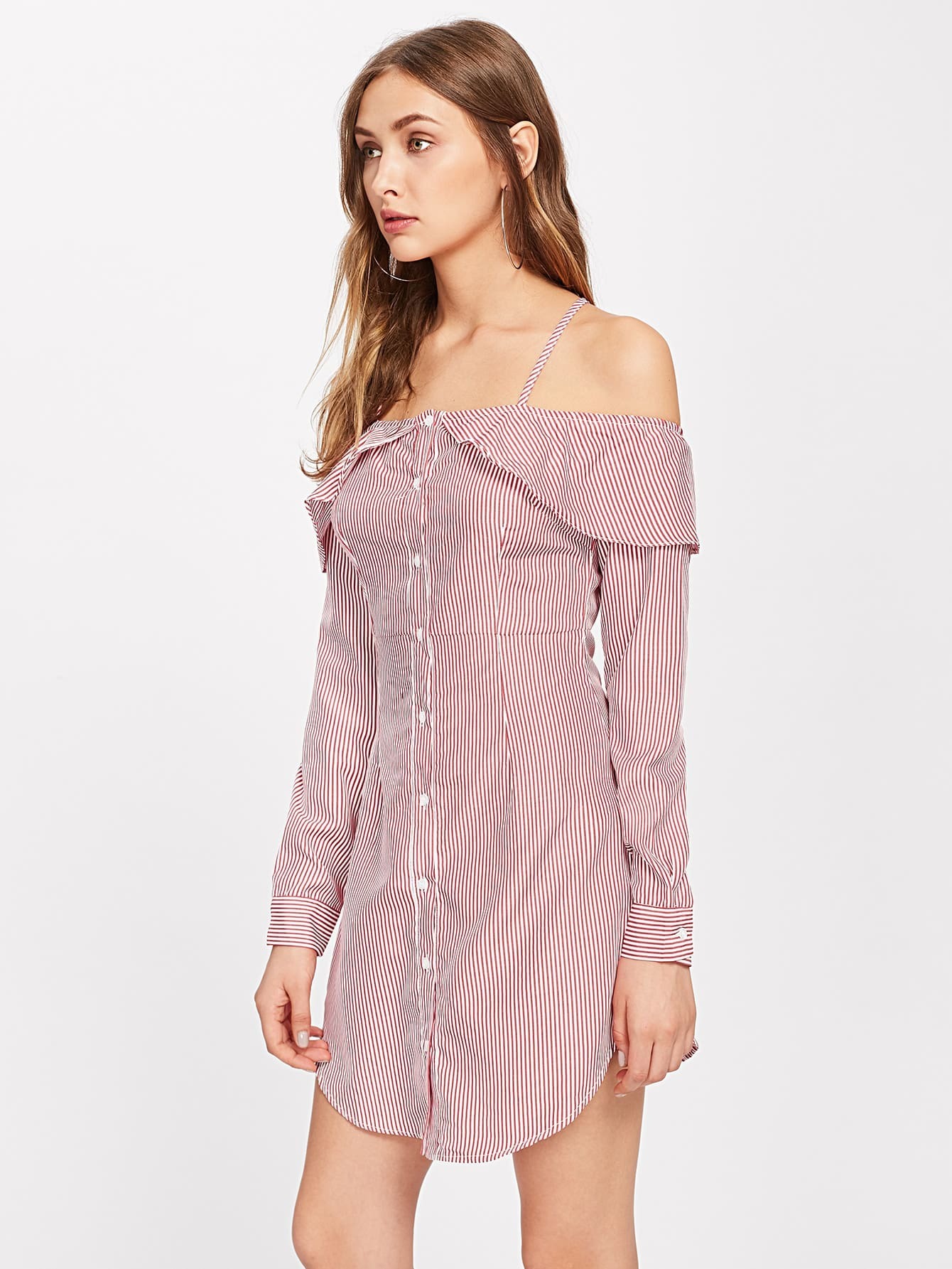 Flounce Trim Curved Hem Pinstripe Shirt Dress SheIn(Sheinside)