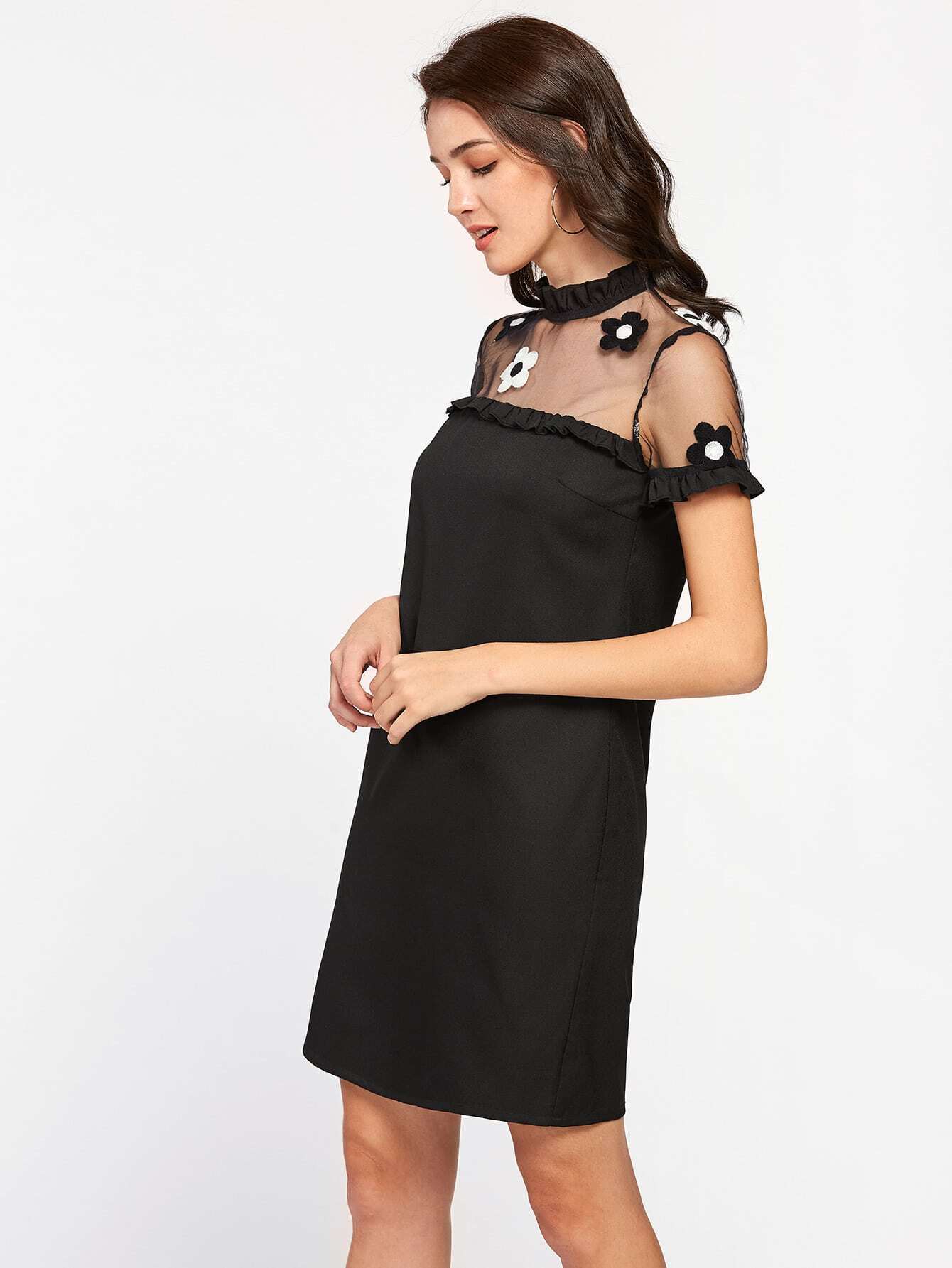 embroidered mesh yoke frilled dress shein sheinside embroidered mesh yoke frilled dress shein sheinside