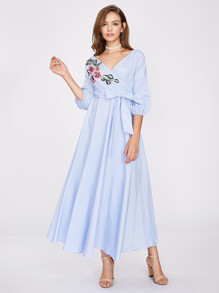 Flower Patch Puff Sleeve Surplice Wrap Dress