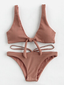 Double Deep Plunge Bow Detail Ribbed Bikini Set