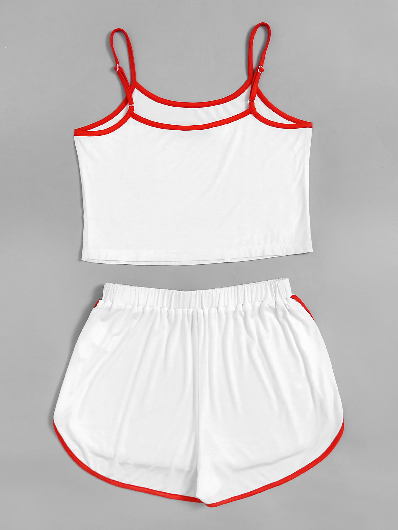 Contrast Binding Cami And Heart Patch Dolphin Shorts Set SheIn(Sheinside)