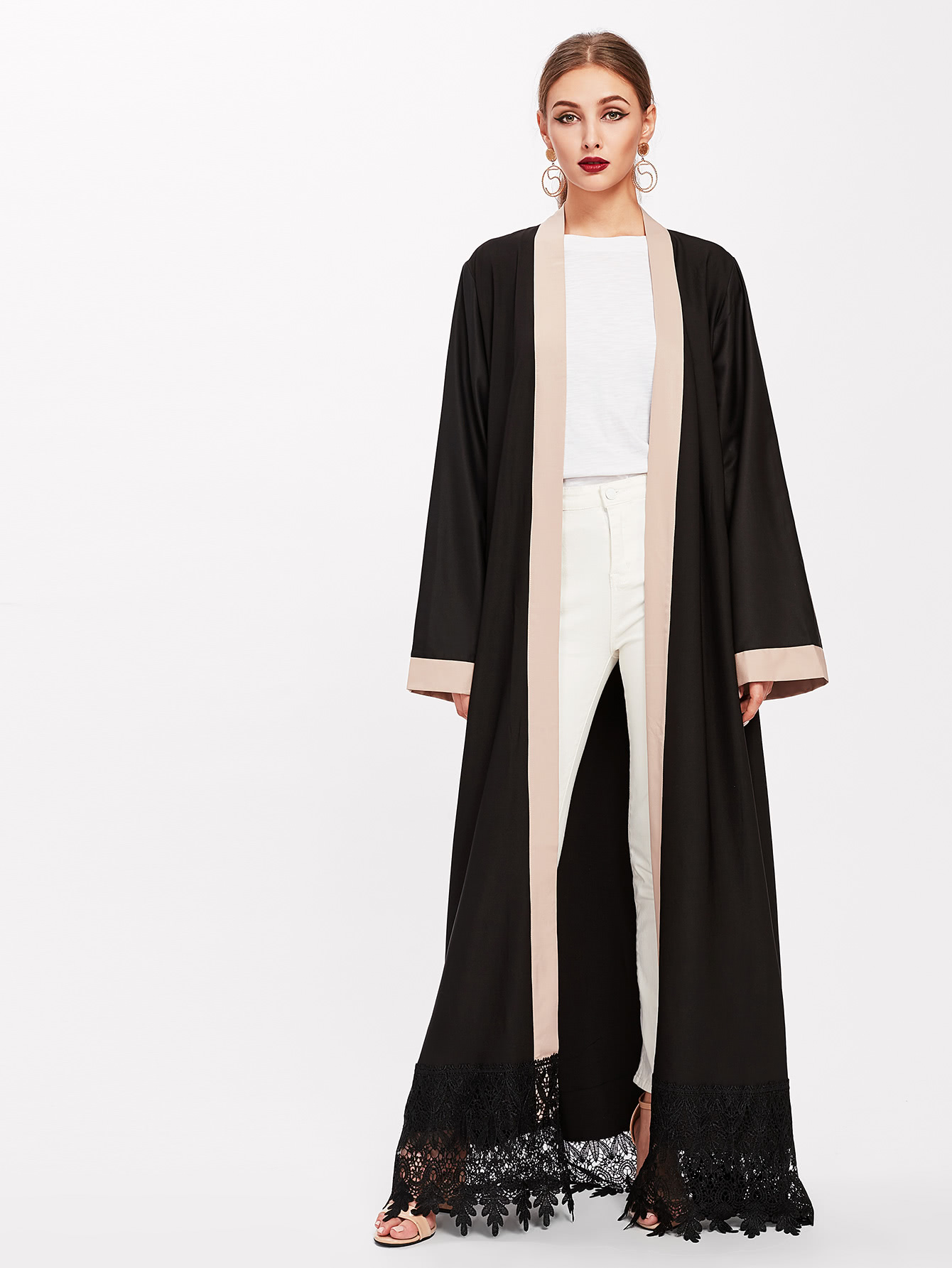 Contrast Lace Crochet Hem Floor Length Abaya