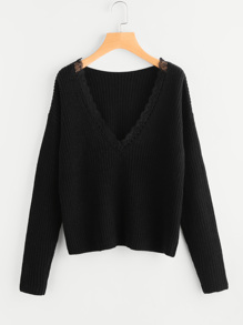 Lace Trim Plunge Neck Jumper