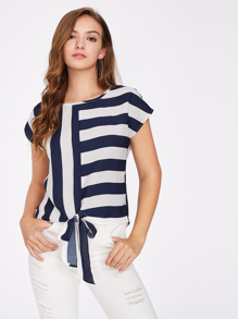 Mixed Striped Tied Front Top