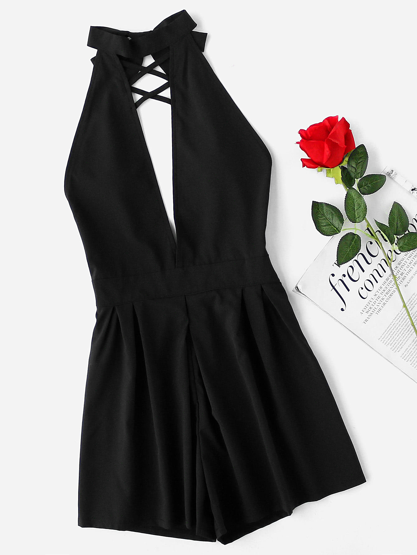 Plunging V-neckline Open Back Lattice Halter Romper