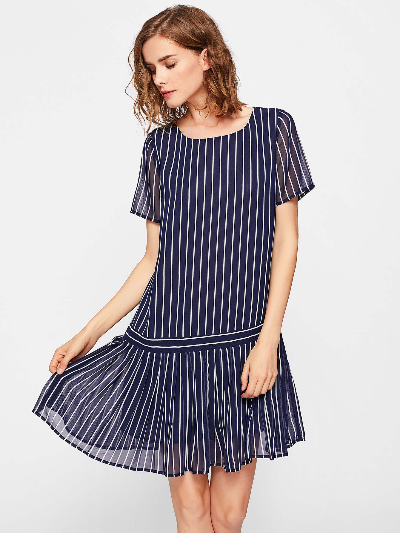 Pleated Hem Mixed Stripe Dress SheIn(Sheinside)