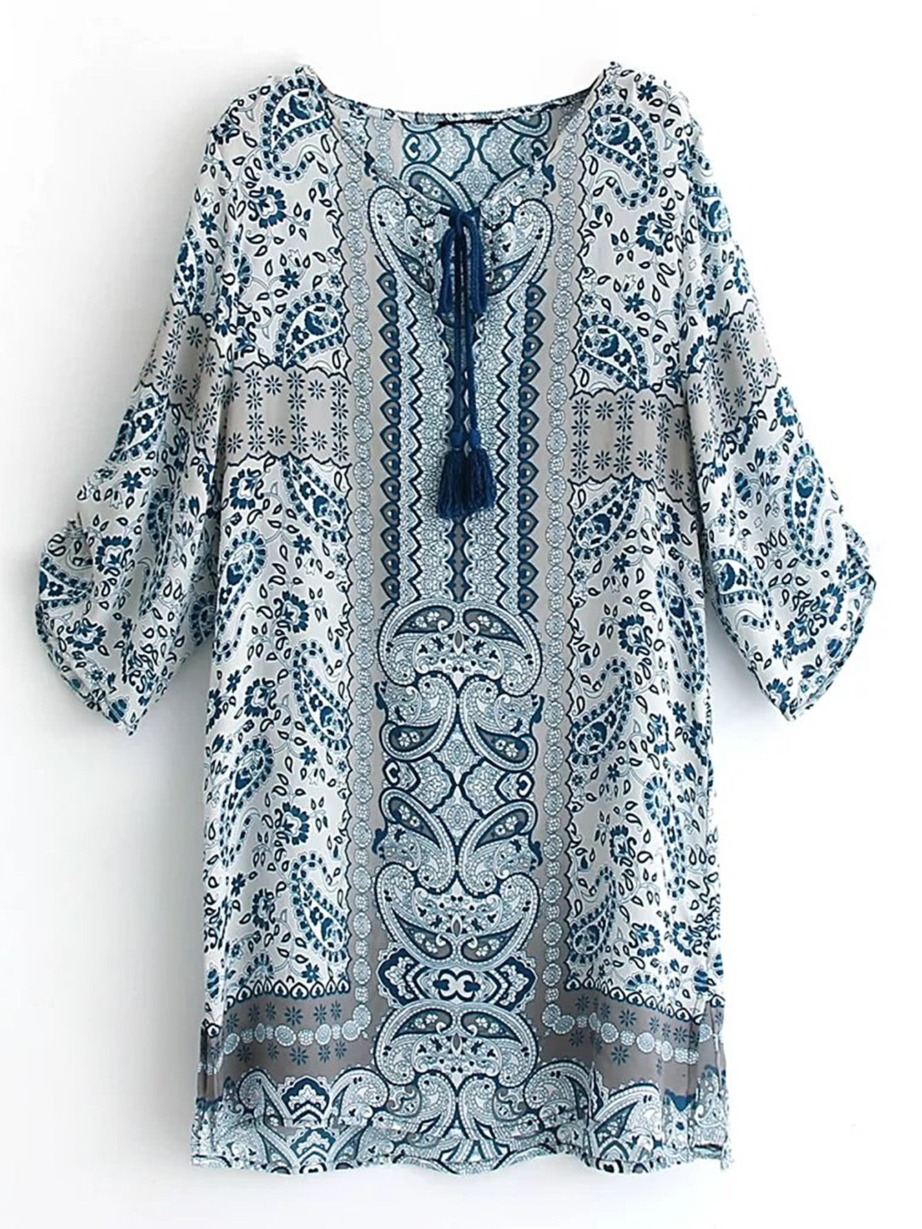 Paisley Print Tassel Tie Shift Dress SheIn(Sheinside)