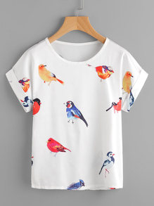 Random Birds Print Cuffed T-shirt