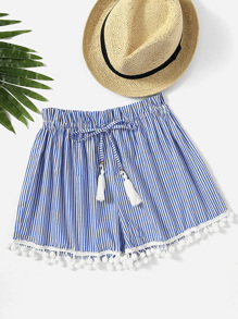 Vertical Striped Drawstring Waist Pompom Hem Shorts