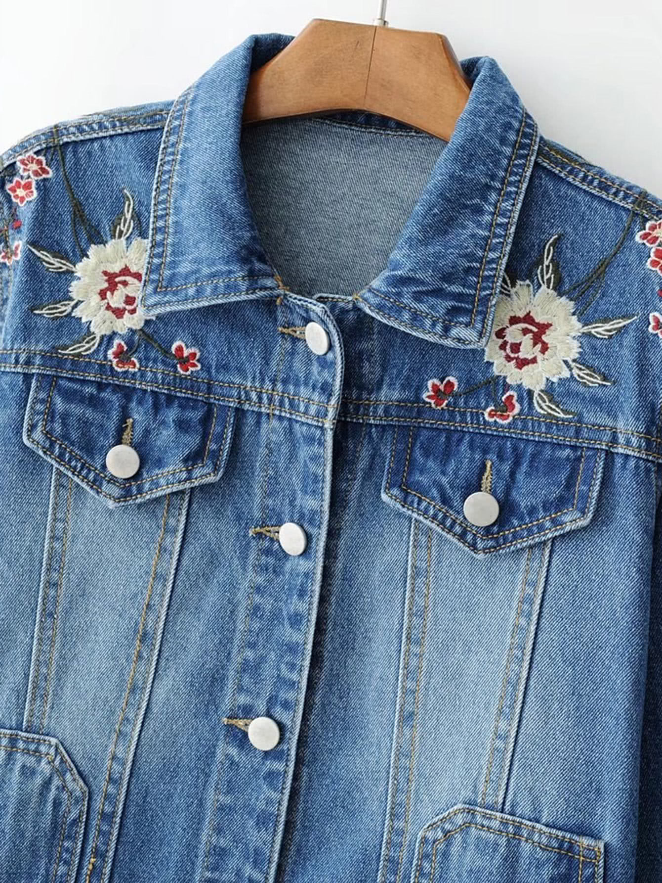 Flower Embroidery Denim Jacket SheIn(Sheinside)