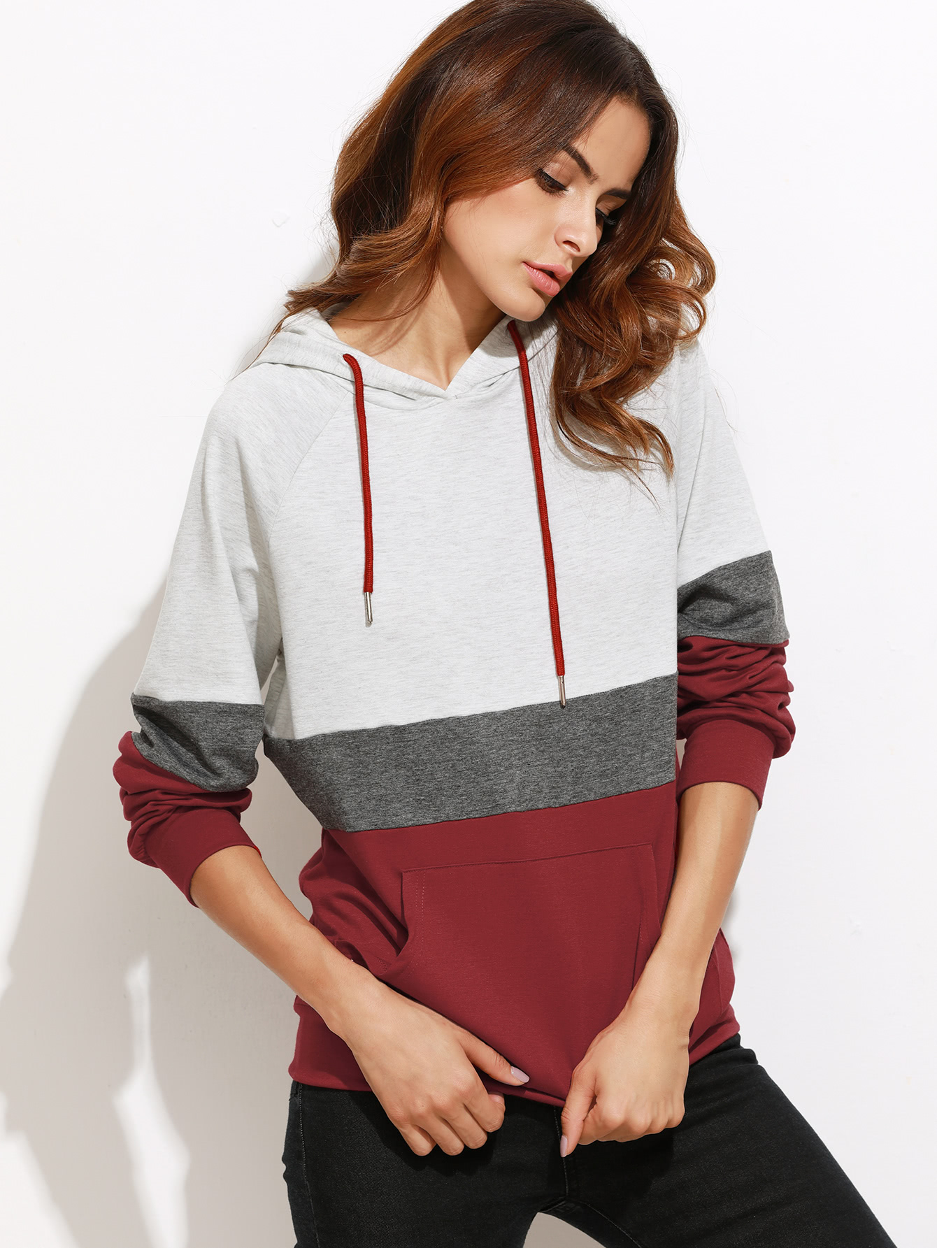 Color Block Raglan Sleeve Hoodie With Pocket