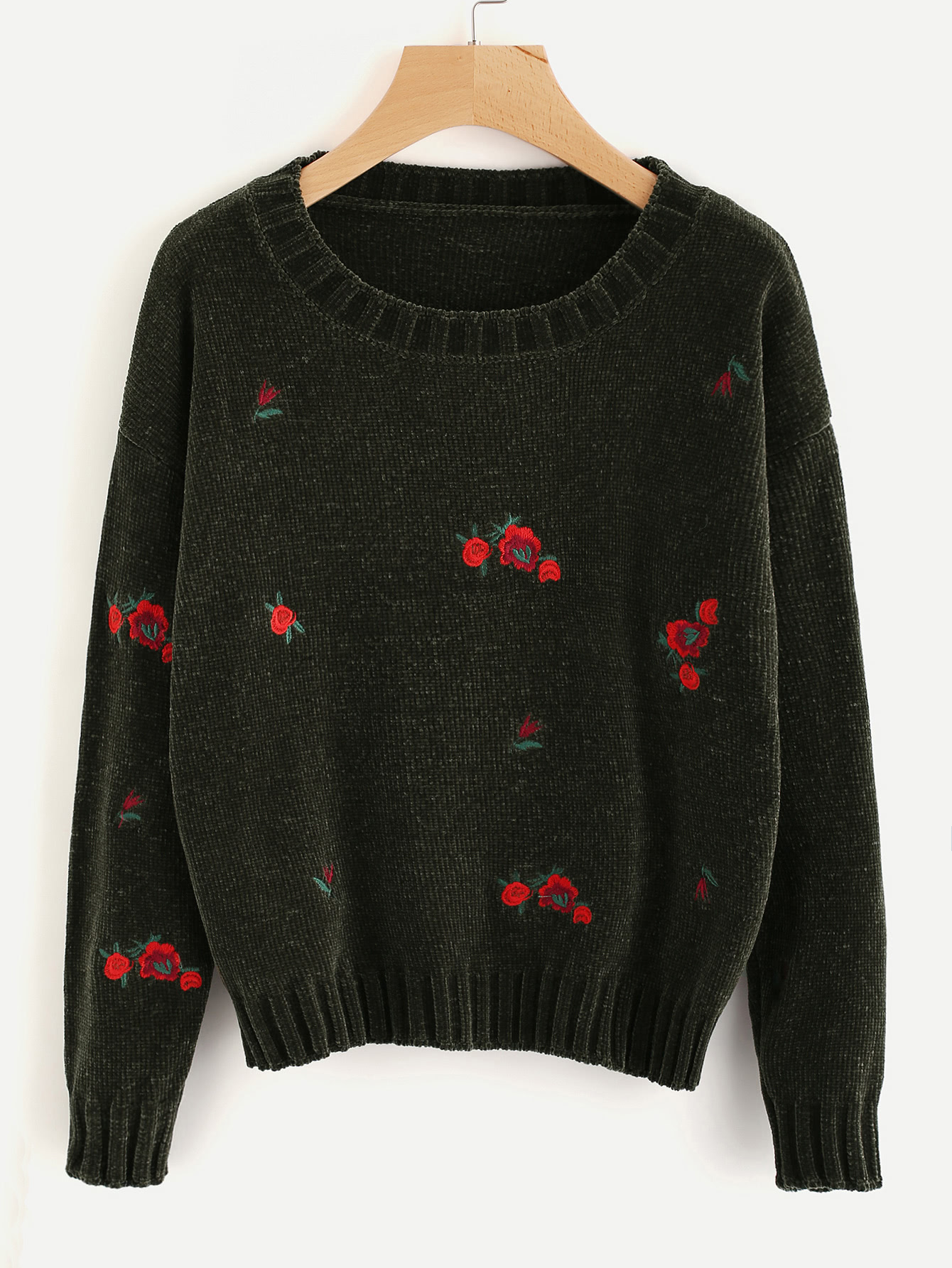 Ribbed Trim Flower Embroidered Jumper SheIn(Sheinside)
