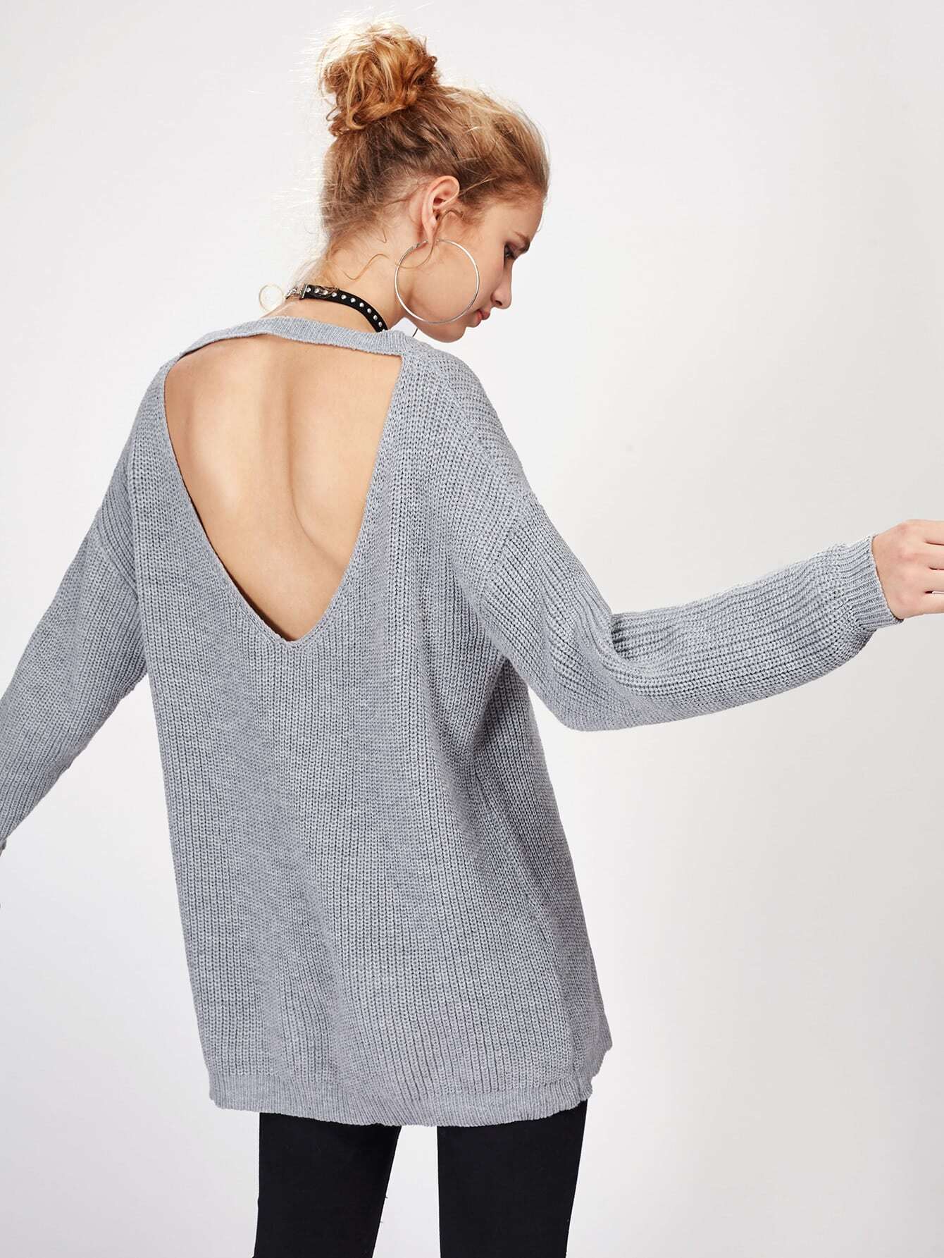Cutout V Back Loose Fit Jumper SheIn(Sheinside)