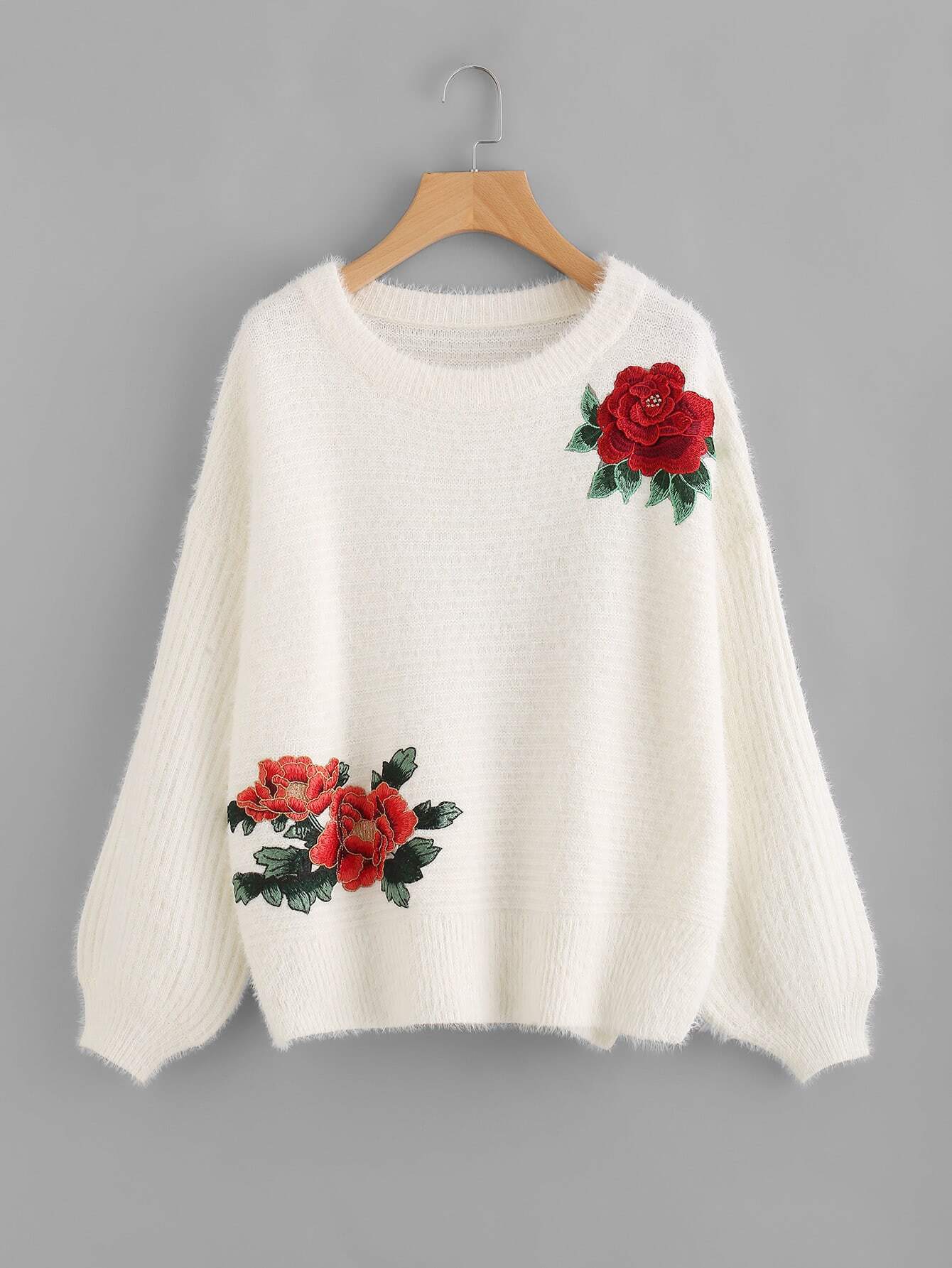3D Flower Patch Fluffy Jumper SheIn(Sheinside)
