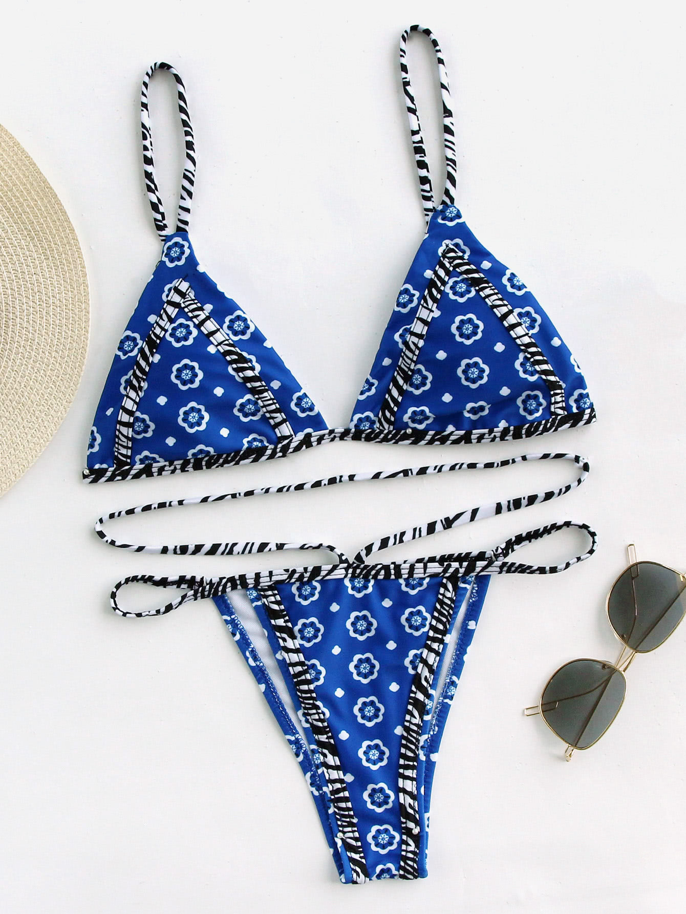 Daisy Flower Print Contrast Binding Bikini Set SheIn(Sheinside)