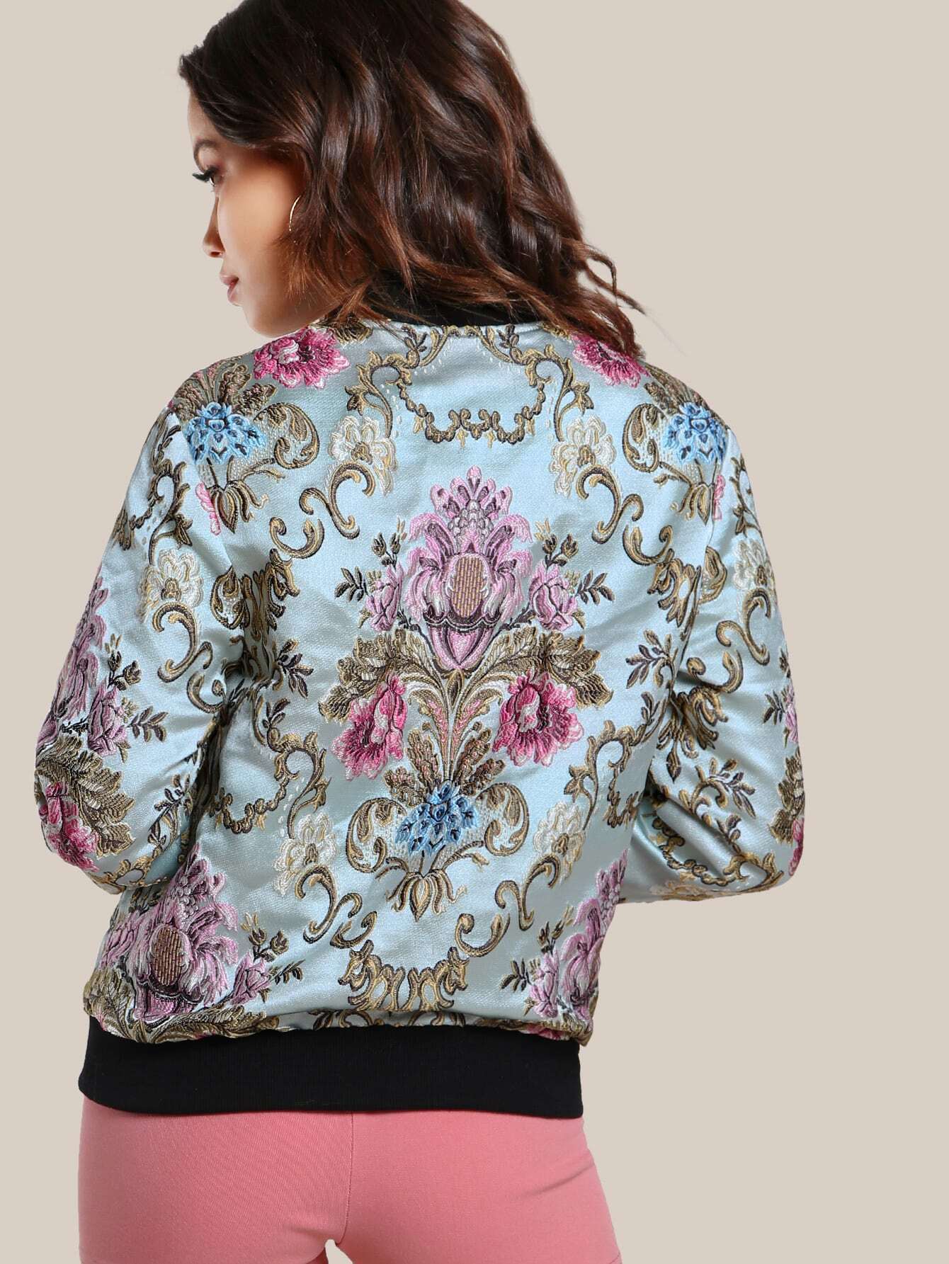 Ribbed Trim Floral Jacquard Bomber JacketFor Womenromwe