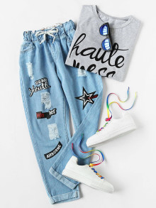 Ripped Cuffed Offset Printing Jeans