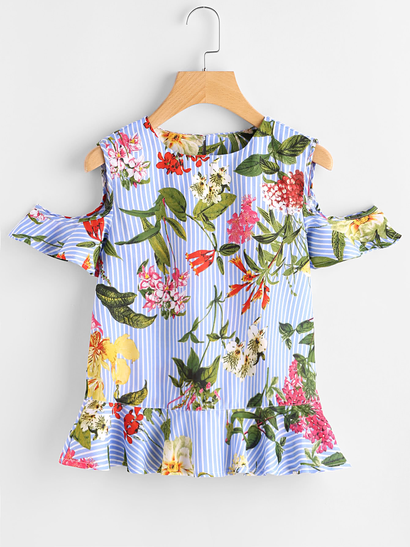 Open Shoulder Frill Hem Botanical Print Blouse