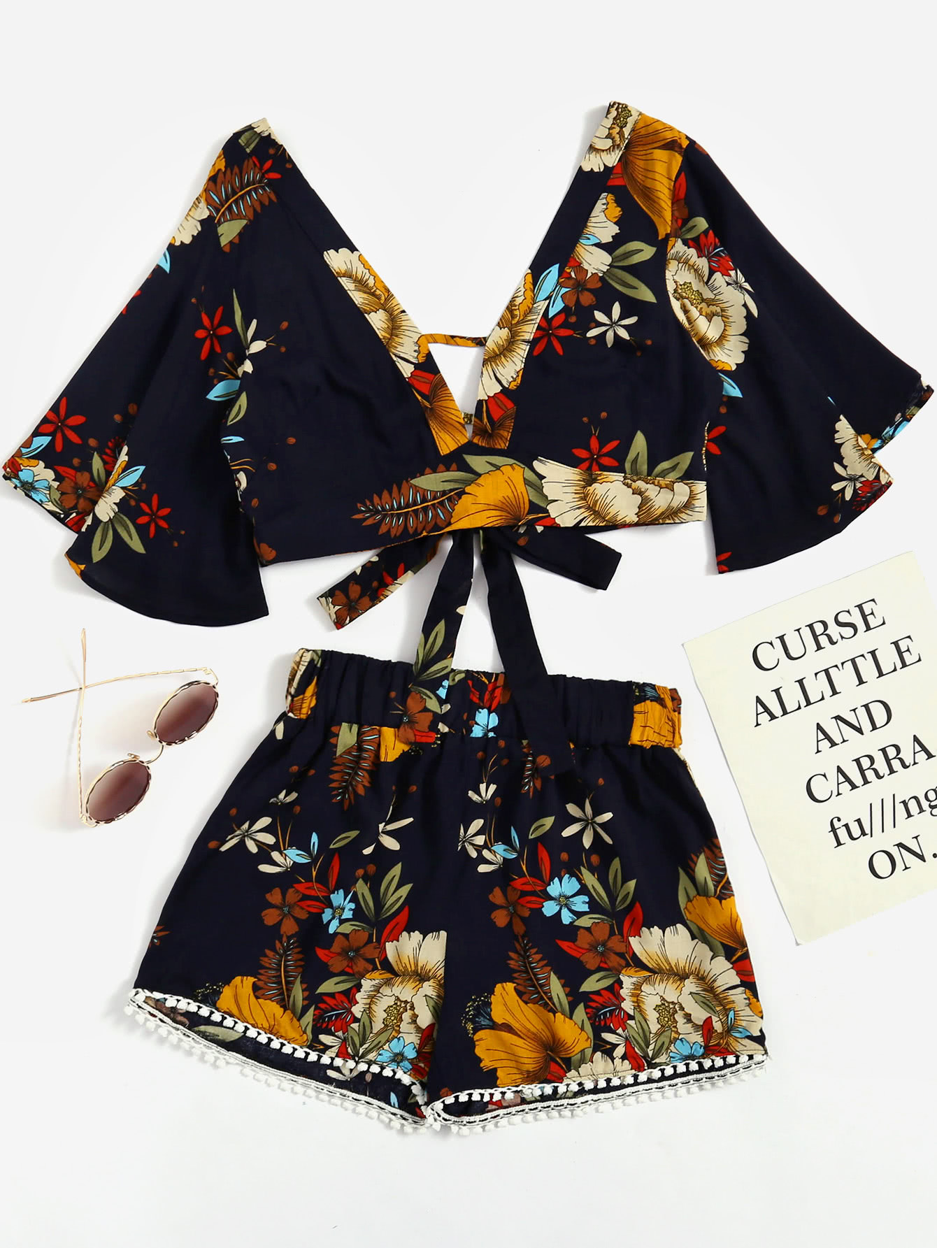 Plunging V-neckline Florals Random Knot Crop Top With Shorts camouflage v neckline cami top with shorts