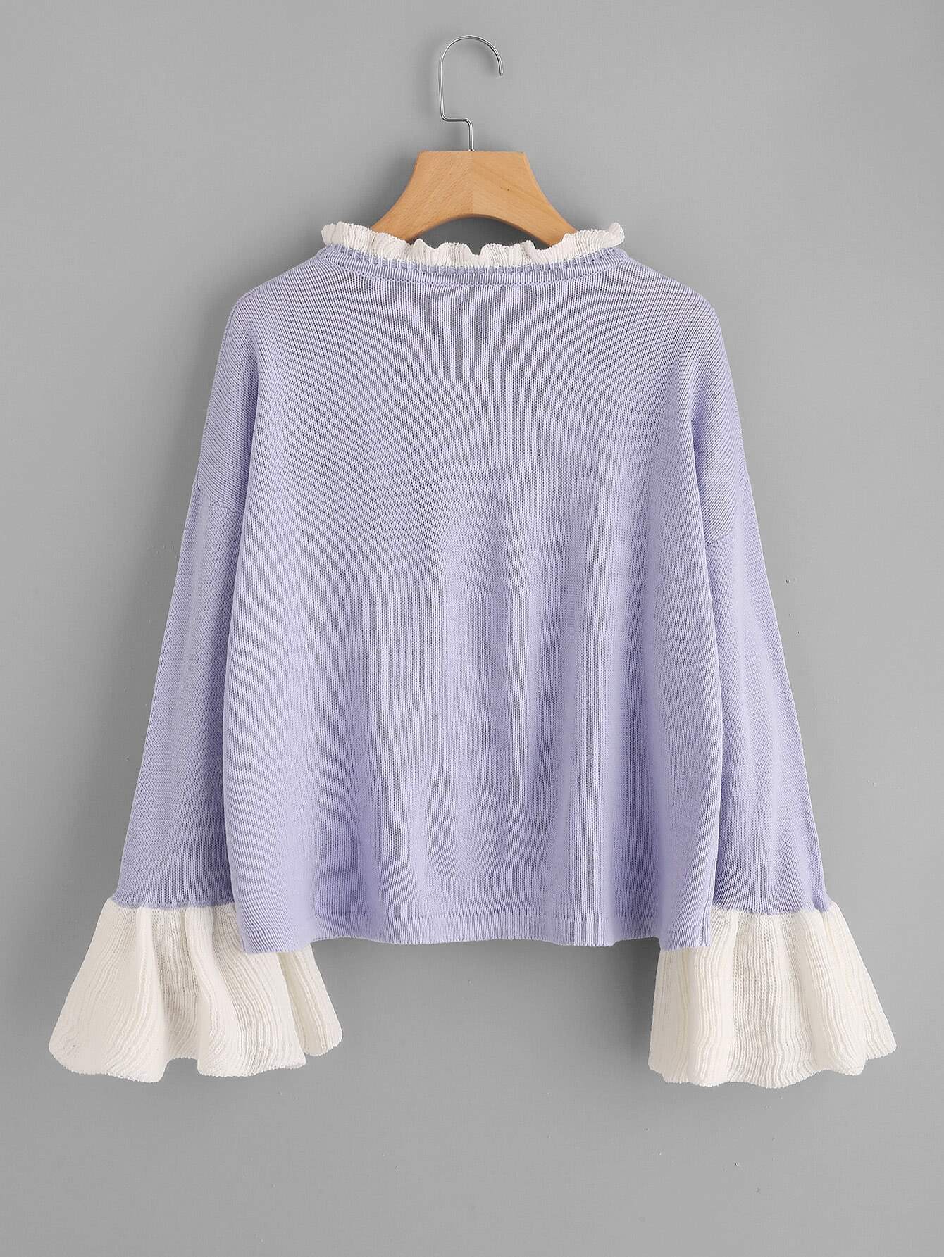 Contrast Ruffle Neck And Bell Cuff Jumper SheIn(Sheinside)