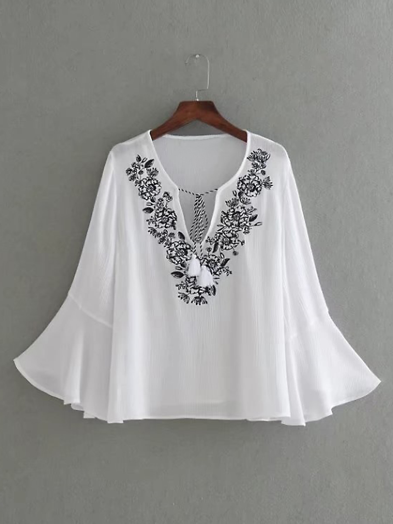 Bell Sleeve Embroidery Tassel Tie Top SheIn(Sheinside)