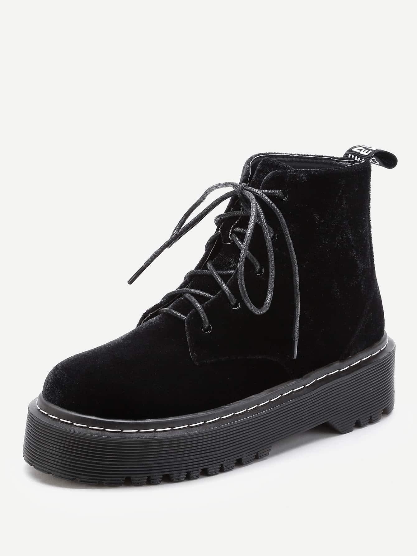 Velvet Lace Up Rubber Sole Ankle Boots SheIn(Sheinside)