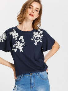 Flower Embroidered Flutter Sleeve Tee