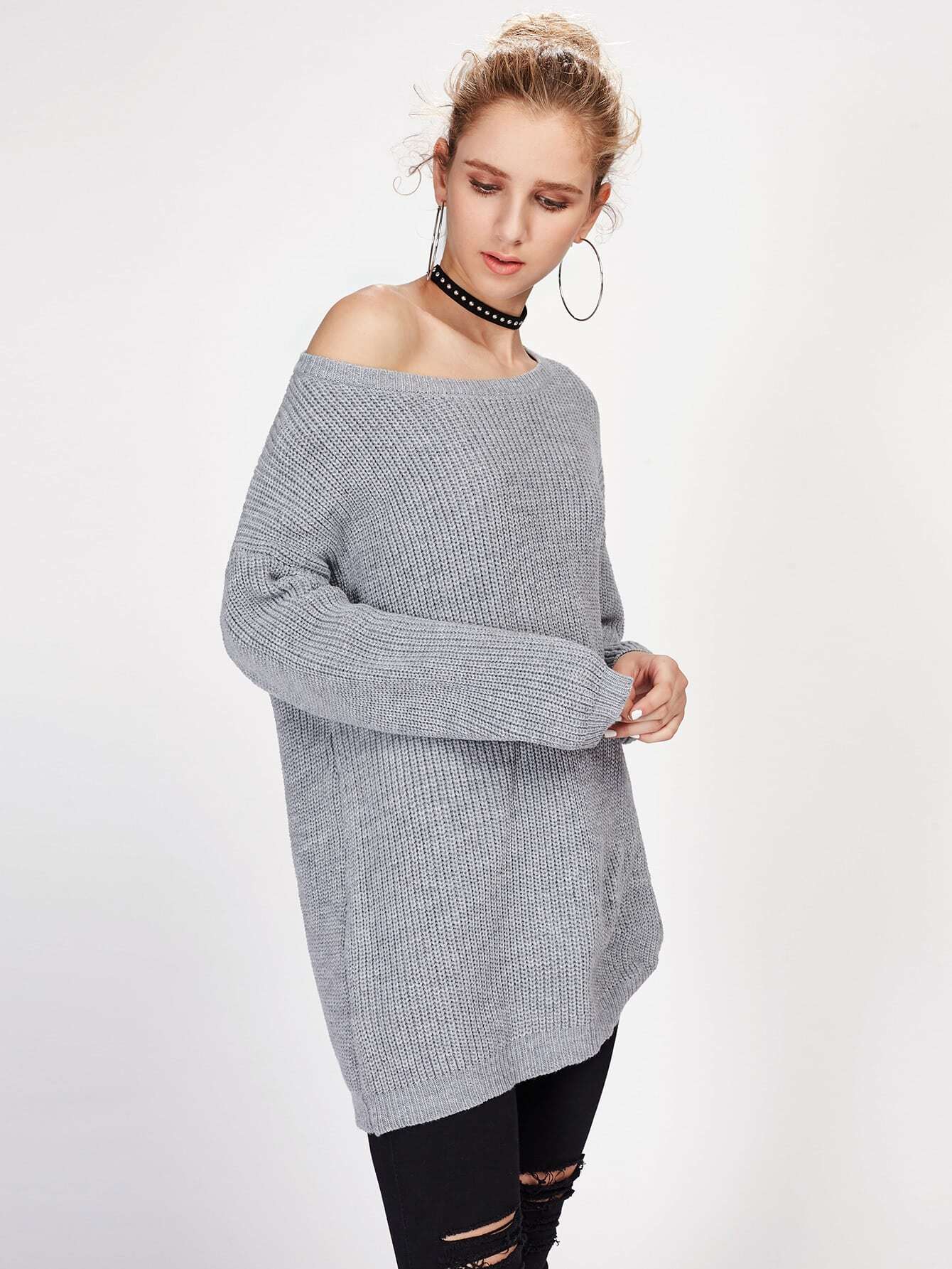 Cutout V Back Loose Fit Jumper SheIn(Sheinside)