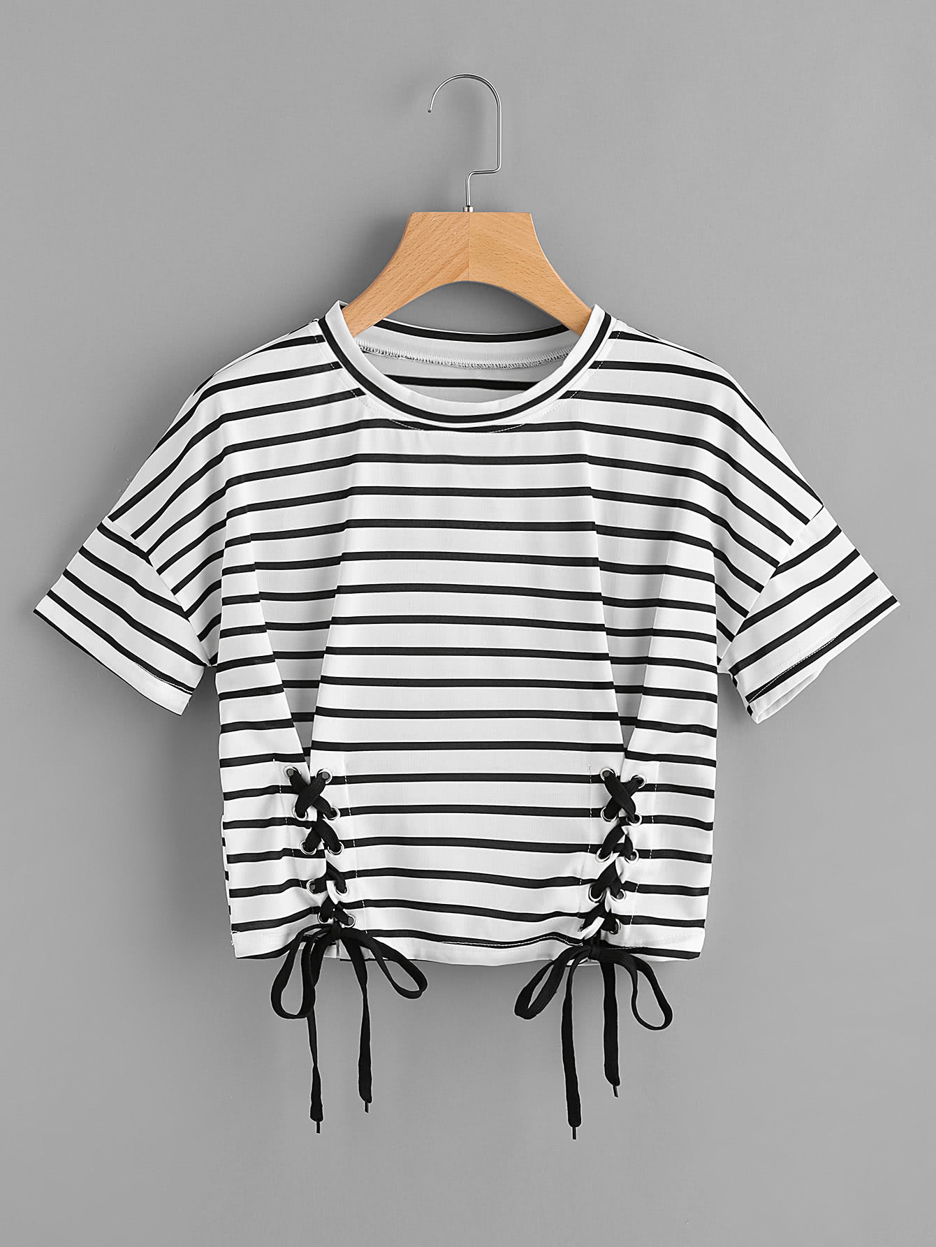 Striped Grommet Lace Up Dropped Shoulder Top