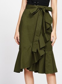 Self Tie Flounce Trim Wrap Skirt