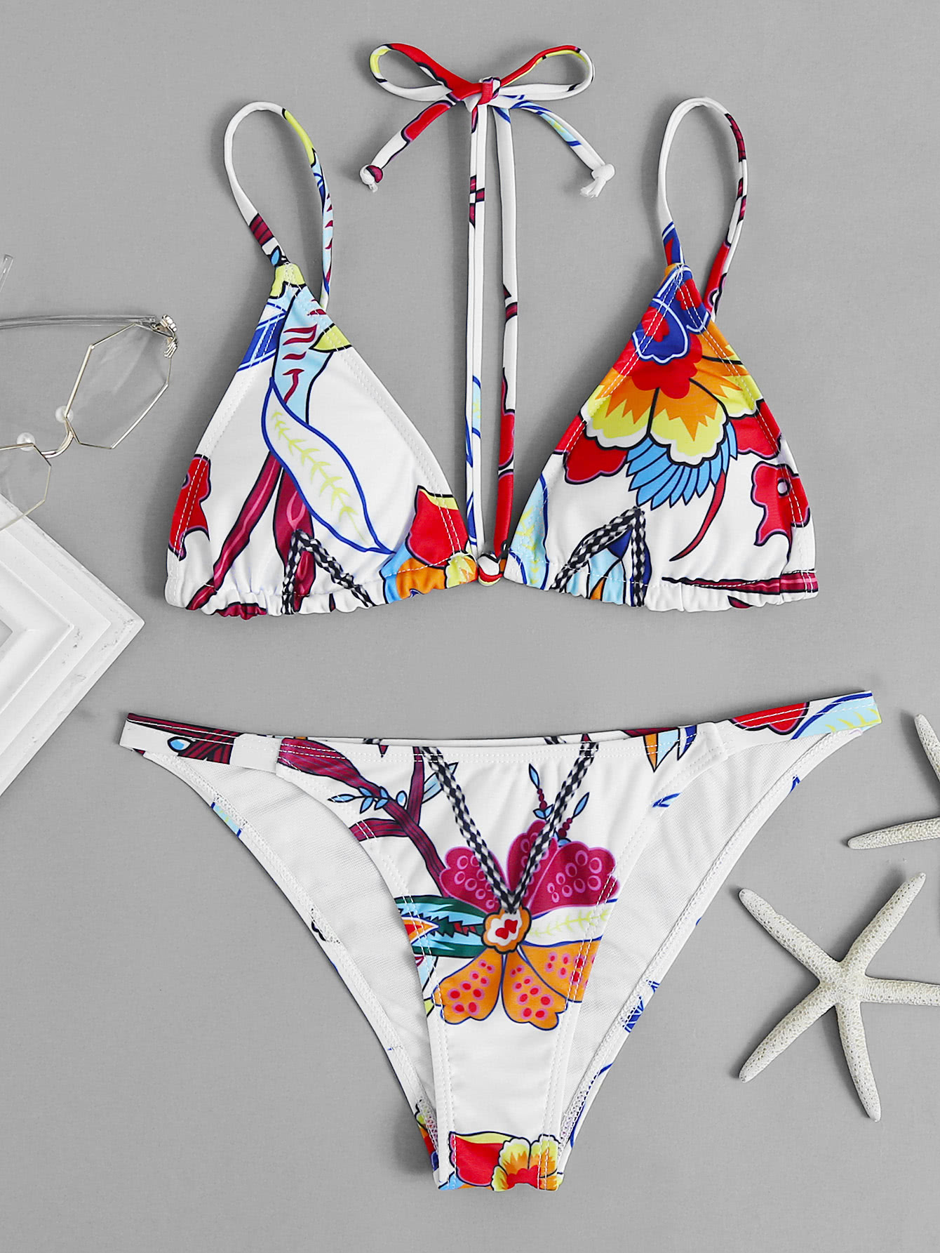 Flower Print Halter Strap Triangle Bikini Set SheIn(Sheinside)