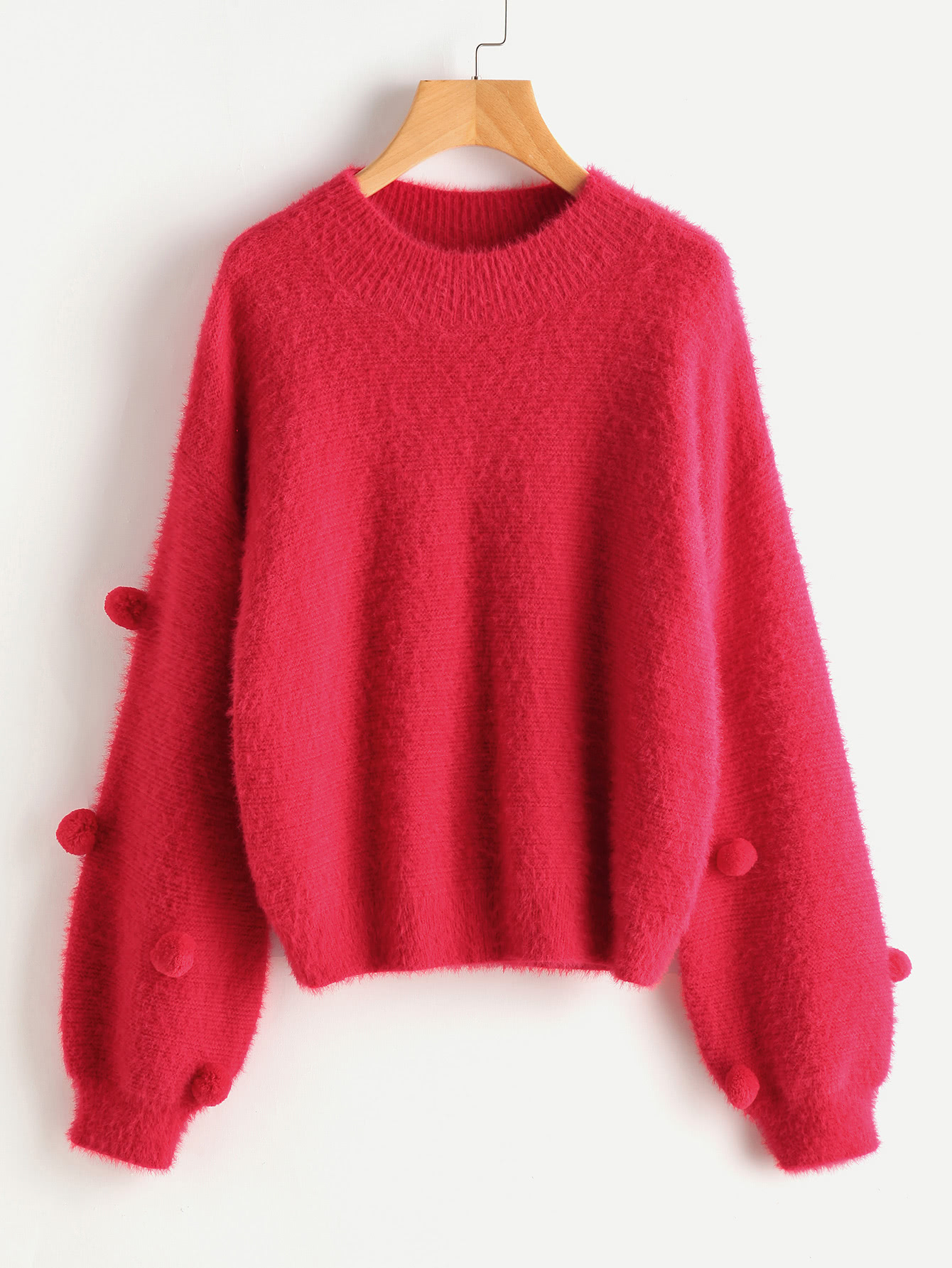 Pom Pom Detail Bishop Sleeve Fluffy Jumper elbow sleeve contrast mesh pom pom detail blouse