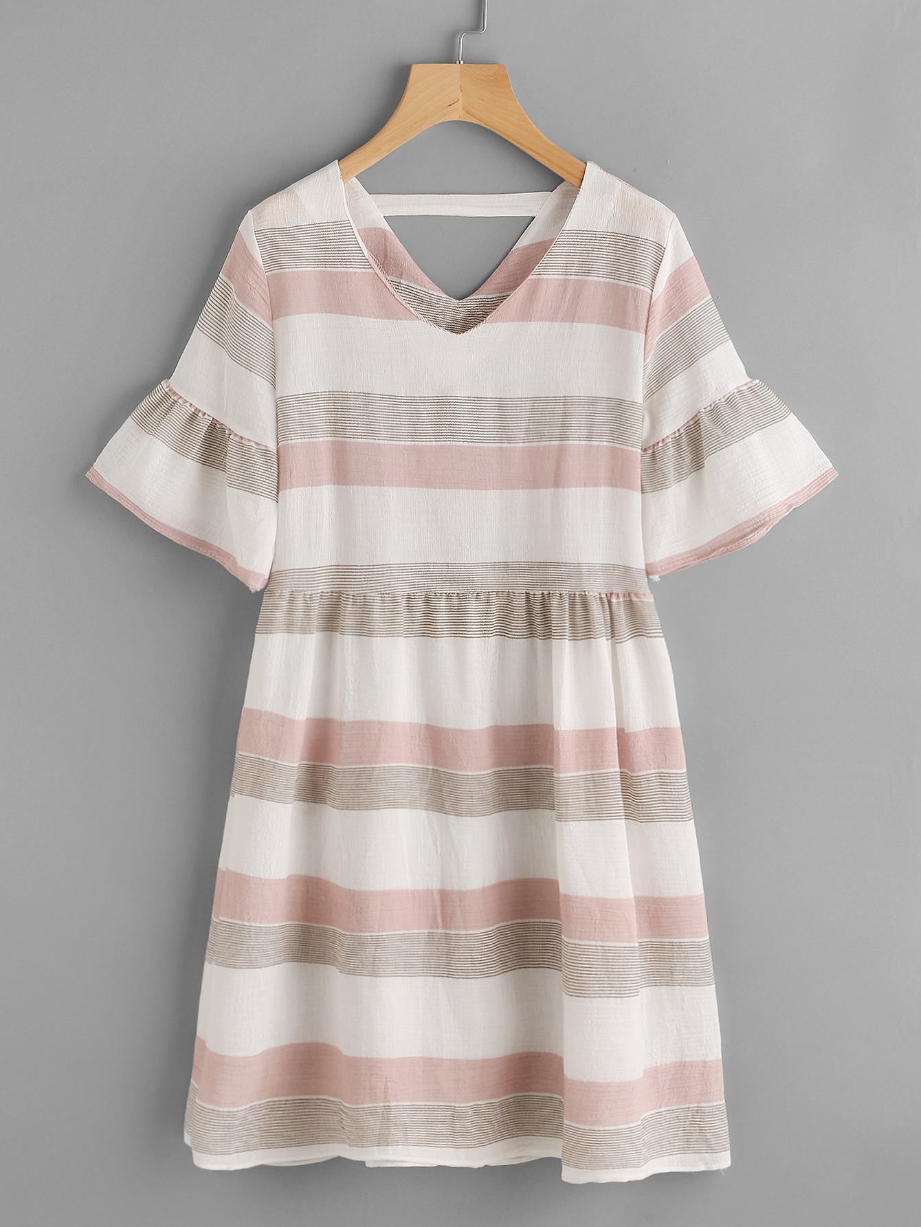 Contrast Striped Double V Fluted Sleeve Dress