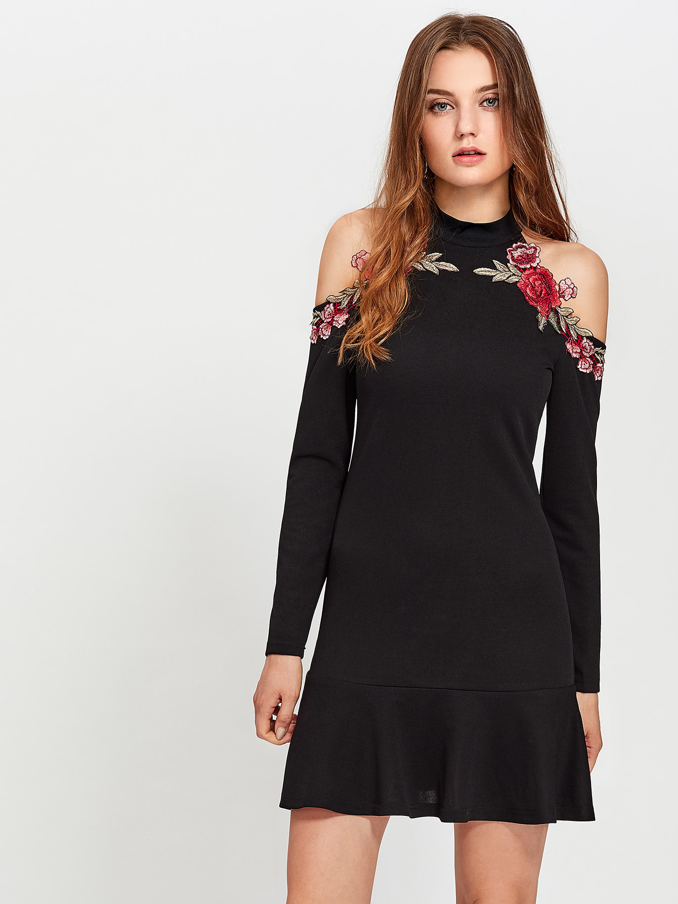 Embroidered Rose Patch Open Shoulder Frill Hem Dress