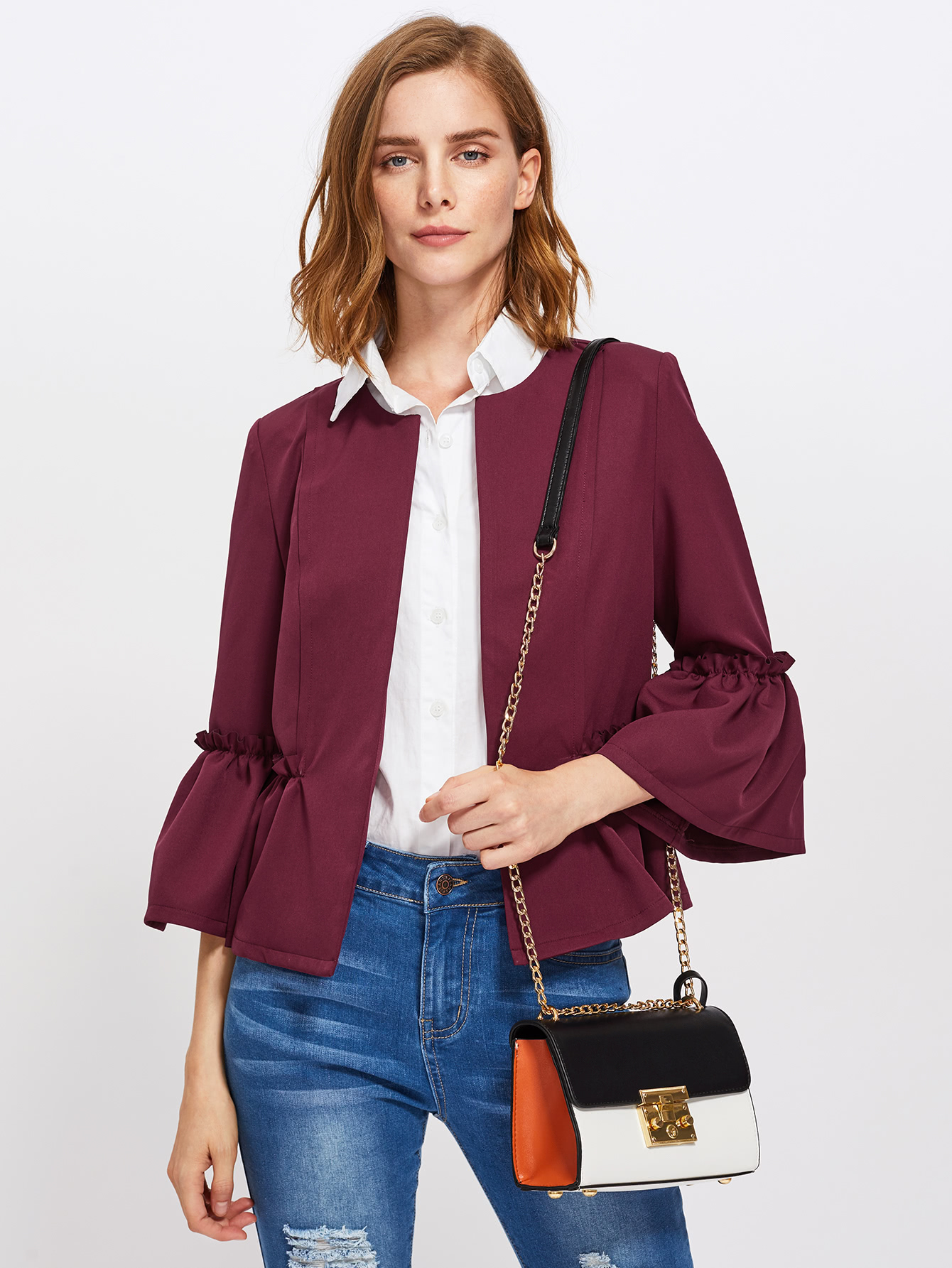 Frilled Bell Sleeve And Hem Open Front Blazer