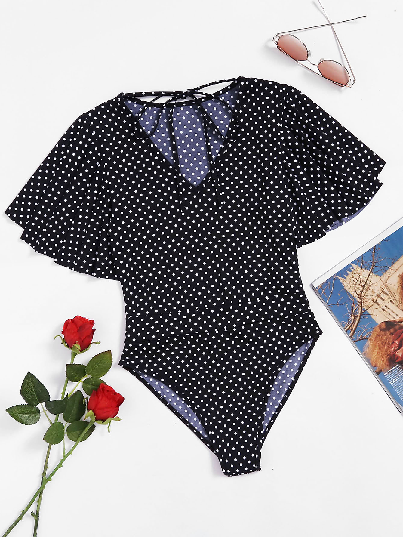 Tie Neck Flutter Sleeve Polka Dot Bodysuit SheIn(Sheinside)