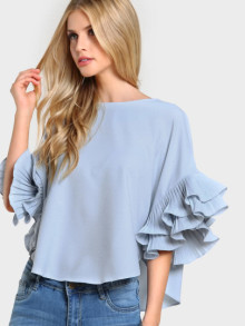 Pleated Ruffle Sleeve Dolphin Hem Top