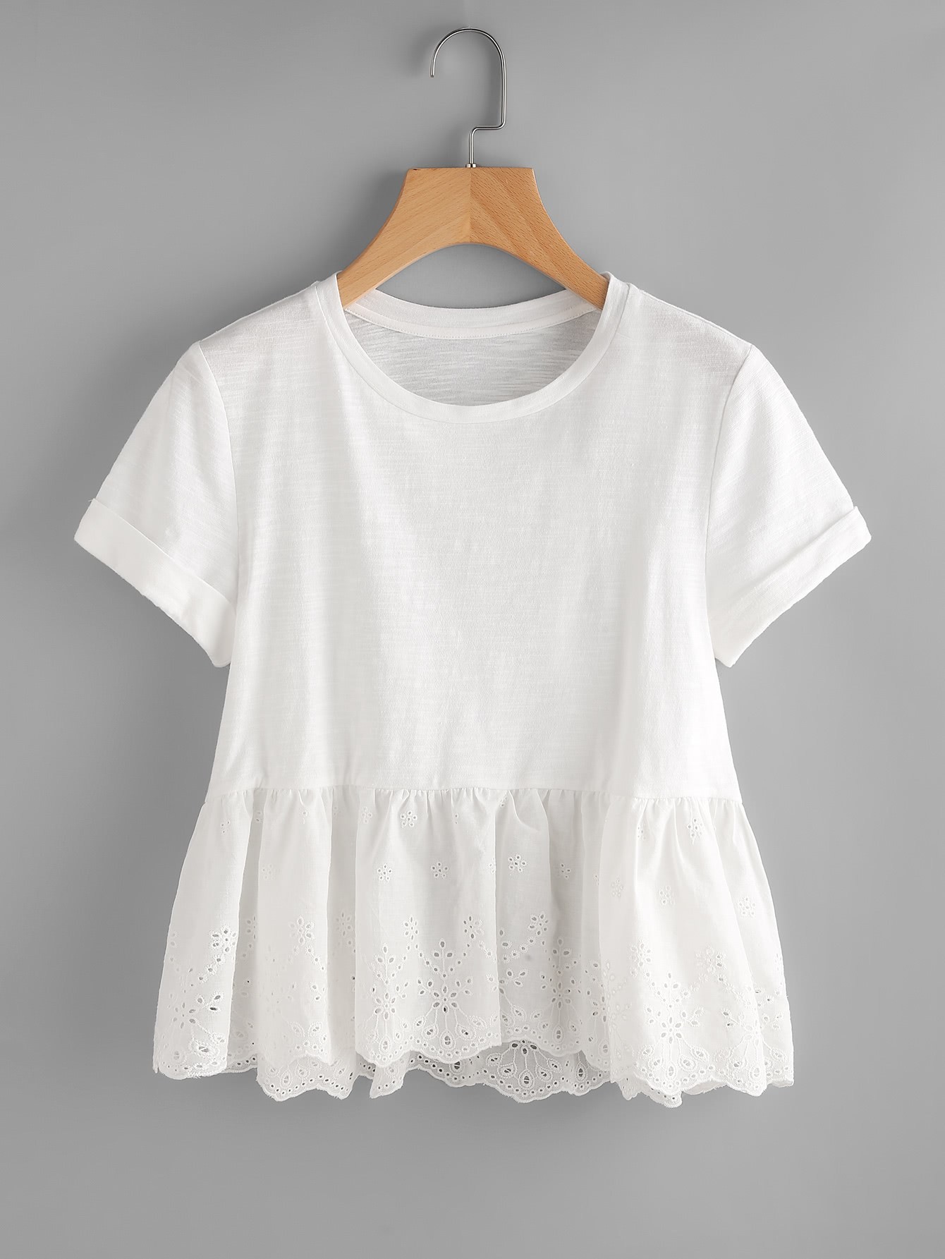 Eyelet Embroidered Hem Mixed Media Tee SheIn(Sheinside)