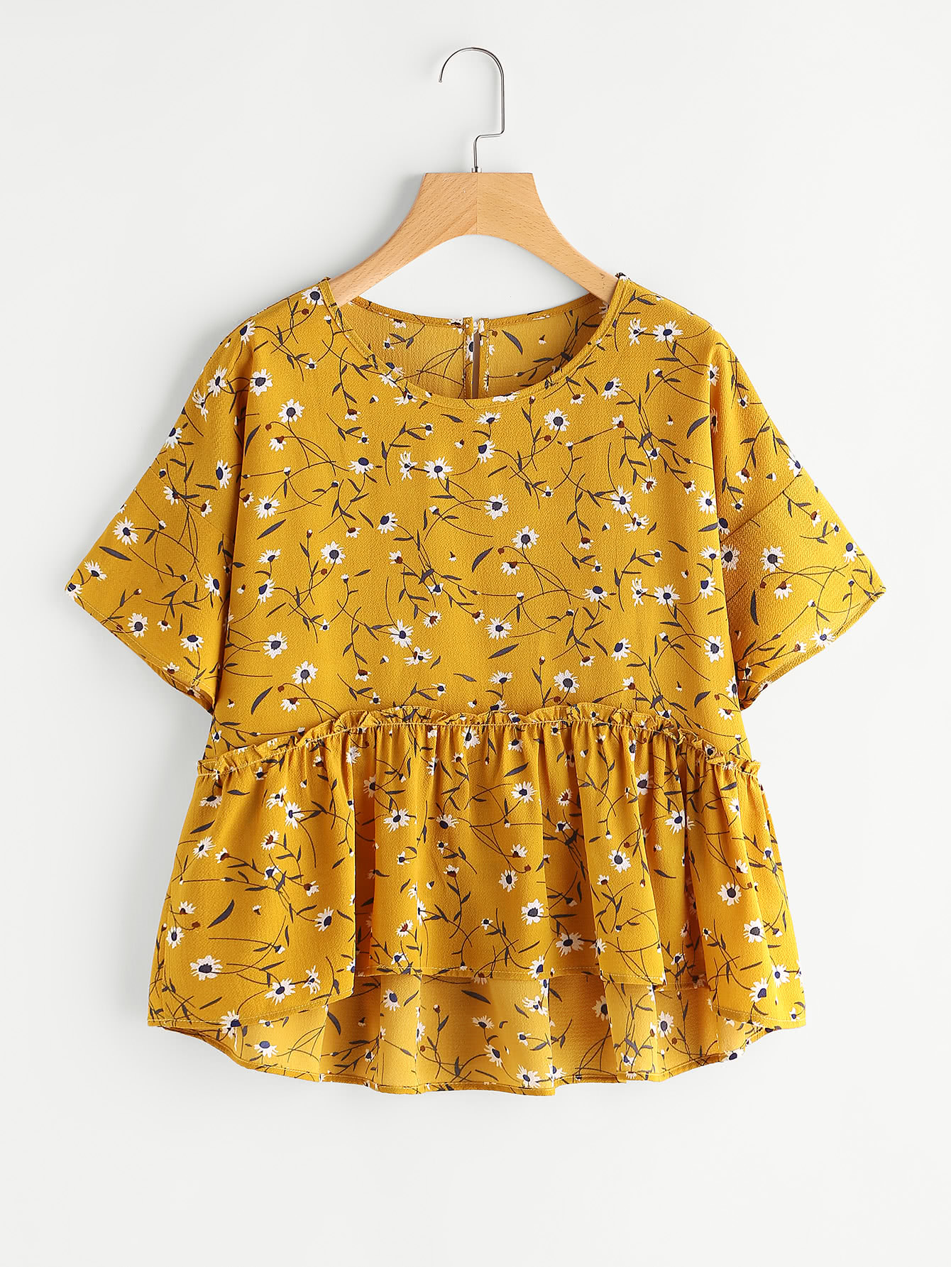 Calico Print Keyhole Back Frill Hem Babydoll Blouse