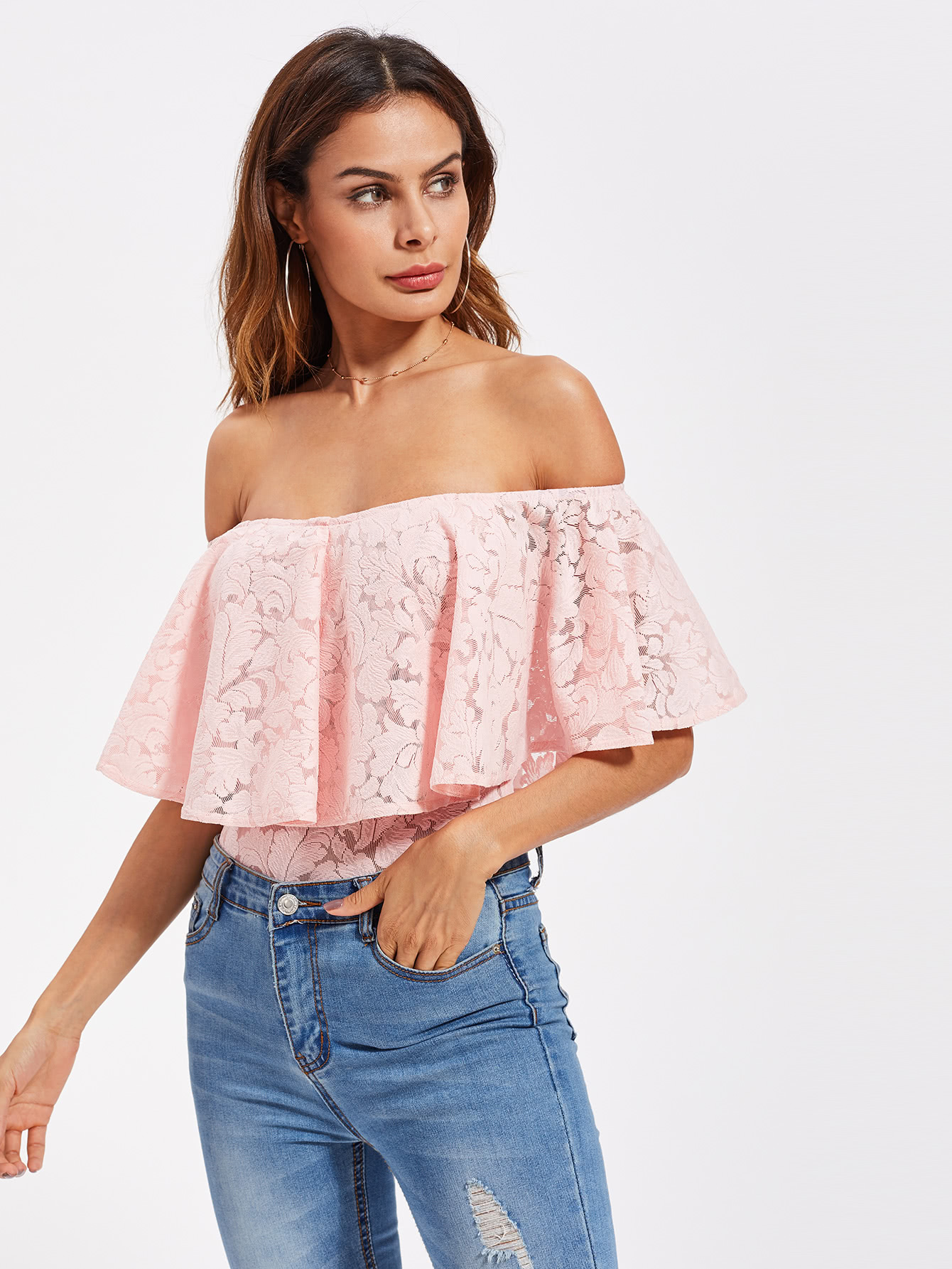 Frill Off Shoulder Floral Lace Bodysuit SheIn(Sheinside)